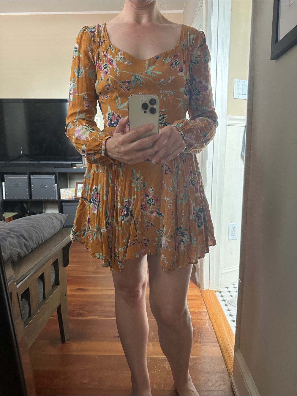 Ecote Mustard Floral Long Sleeve Swing Dress